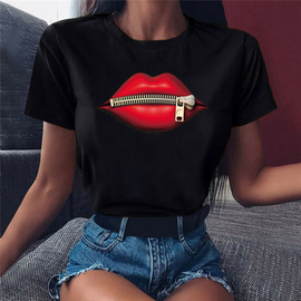 redlipszipperprintwoment-shirt红唇拉链印花黑色，女士t恤