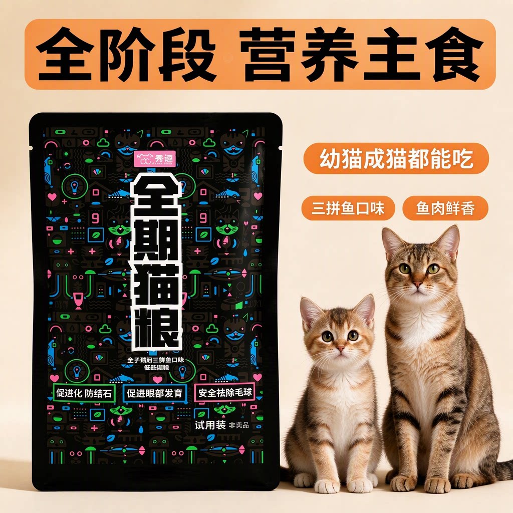 秀逗猫粮试用装全价主食膨化粮幼猫成猫三拼鱼口味促进消化防结石