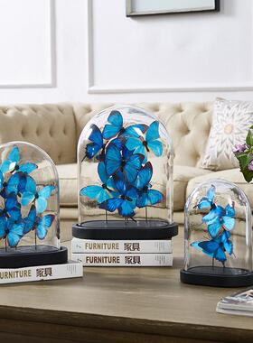 蓝色蝴蝶摆件玻璃罩客厅整体橱柜软装公司高级感小众工艺礼品摆饰