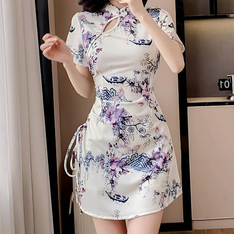 高端女装新款性感短袖花色旗袍采耳按摩工衣技师衣服连衣裙+短裤