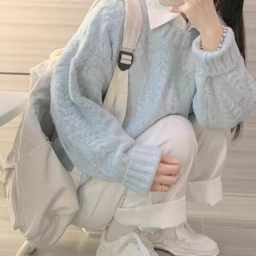 上衣奶蓝色慵懒花毛衣女秋冬季新款加厚宽松圆领内搭针织衫1002d
