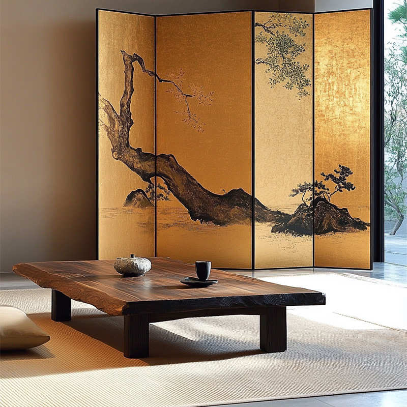 日式素金箔屏风四扇中式酒店客厅茶室隔断新中式空间折屏装饰搭配