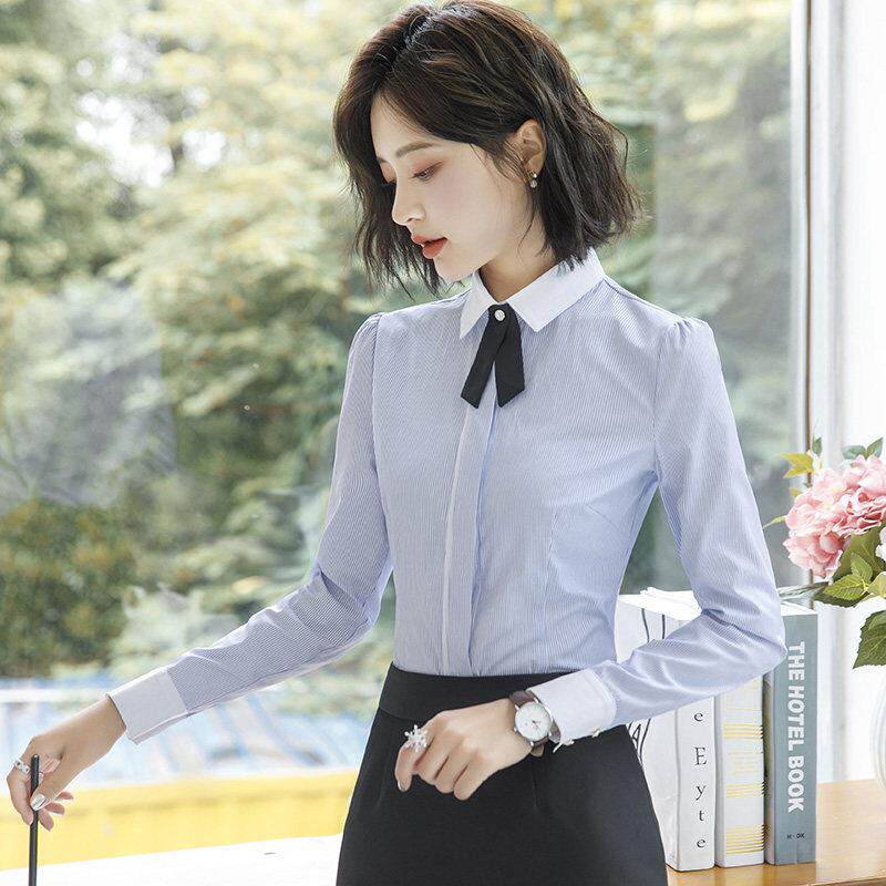 职业衬衫女式长袖2022秋季新款蓝色条纹正装衬衫工作服修身两件套