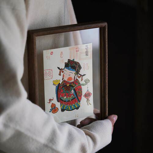 黑胡桃实木相框摆台展示柜客厅玄关墙壁装饰年画木质玻璃