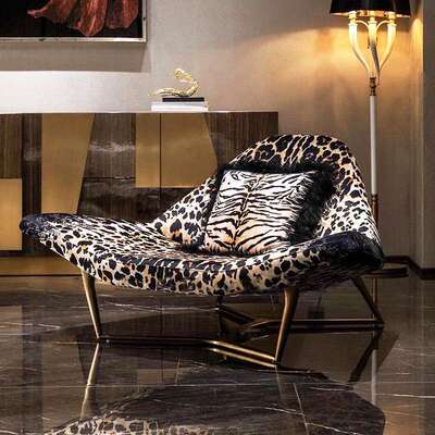 意式轻奢高端单人沙发椅RobertoCavalli豹纹沙发别墅客厅休闲椅