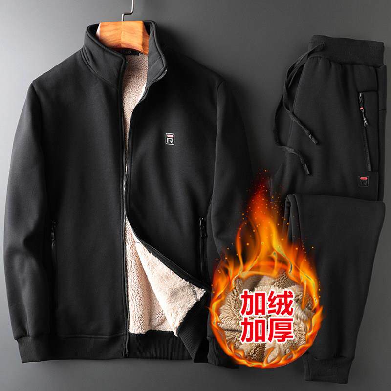 羊羔绒运动套装男秋冬季新款潮牌加绒加厚休闲男士纯棉卫衣两件套