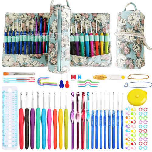 新款多功能DIY毛线编织工具套彩色氧化铝软柄钩针卷包收纳袋