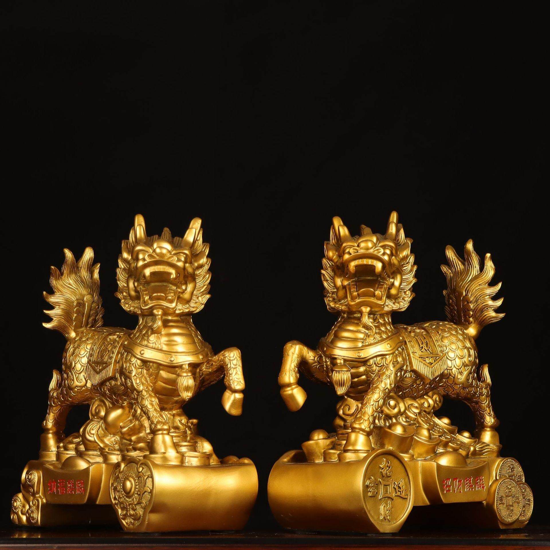 一对鎏金铜色招财麒麟仿铜财富麒麟办公室客厅家居装饰工艺品摆件