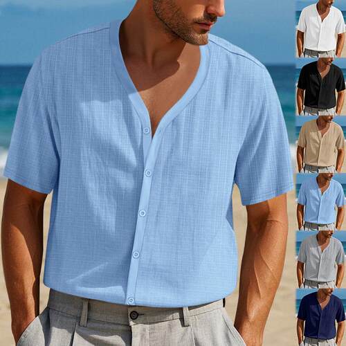 Men's imitation hemp bamboo knot short sleeved shirt