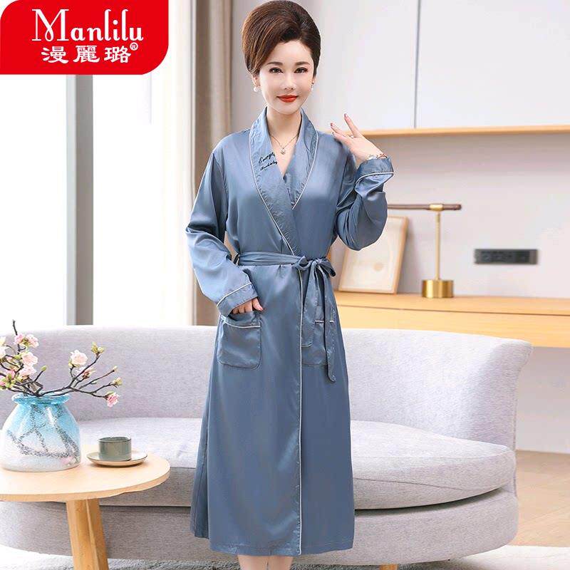 冰丝睡袍女士春夏四季薄款长袖浴衣中老年妈妈连身睡衣女丝绸浴袍