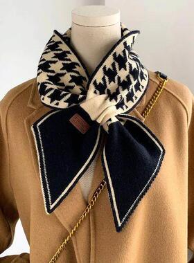 Warm Cashmere Neck Tie Scarf For Women Plaid Neckerchief Kni