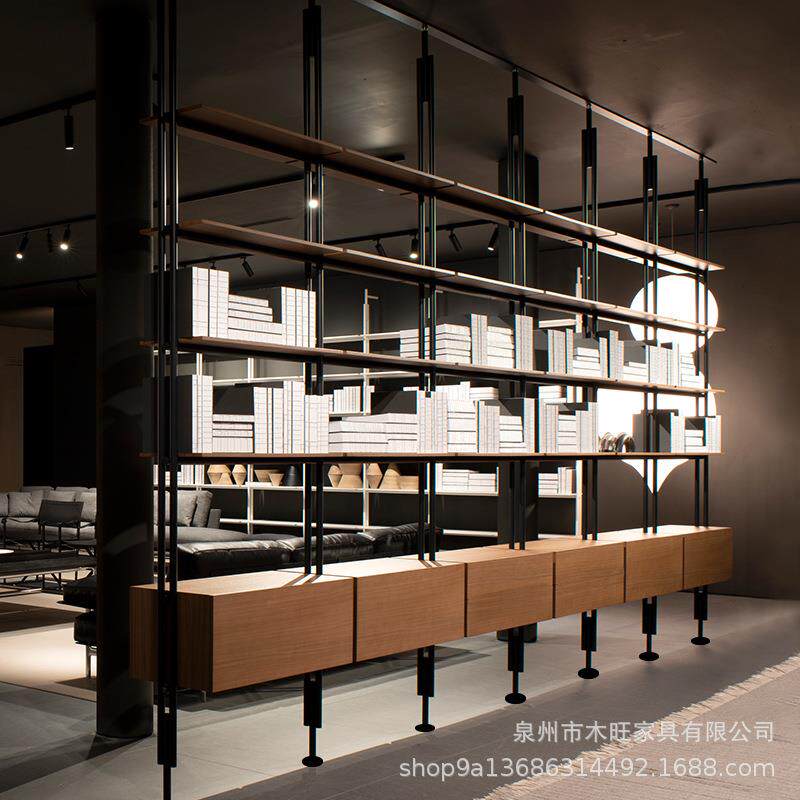 美式工业风上墙书架多层靠墙实木展示架服装店创意隔断铁艺陈列架