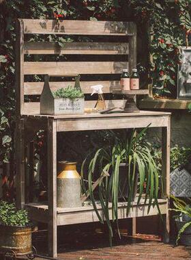 式乡村复古花园艺操作台店阳台客厅花61377做旧实木桌美工具收纳