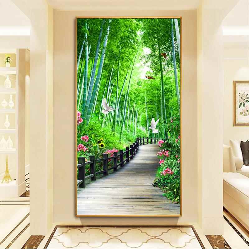 现代简约绿色竹林风景画挂画中式玄关装饰画竖版走廊过道墙画壁画