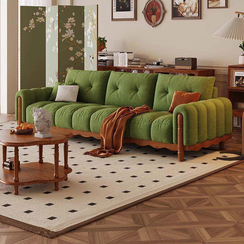 法式中古实木沙发客厅钢琴键复古美式直排布艺沙发墨绿色2026新款