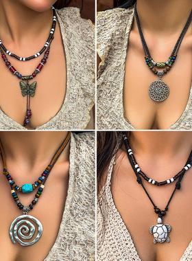 欧美跨境串珠颈链新中式necklace女百搭蝴蝶木珠复古松石项链饰品