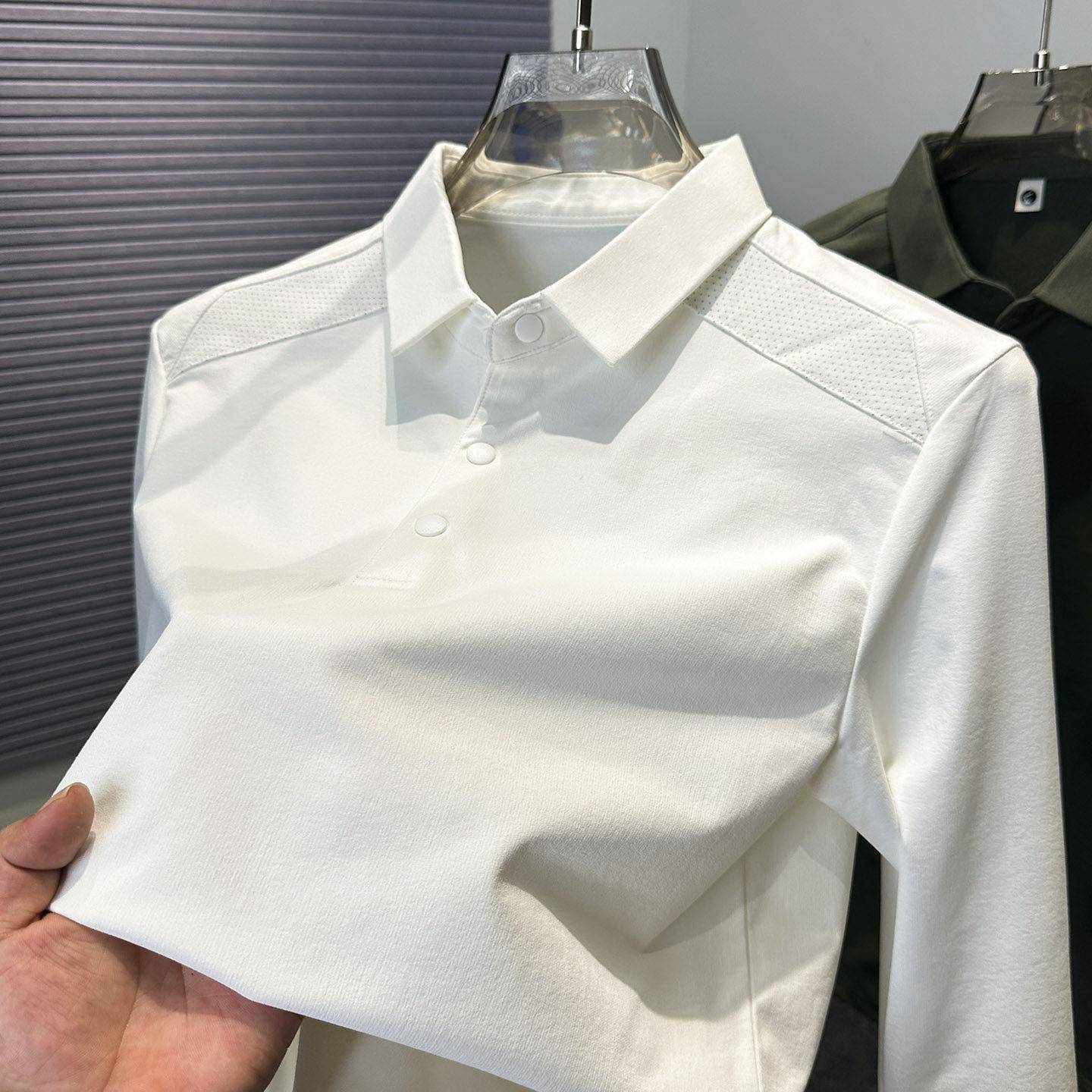 高端拼接polo衫男2025新款秋季翻领t恤长袖宽松纯色百搭休闲上衣