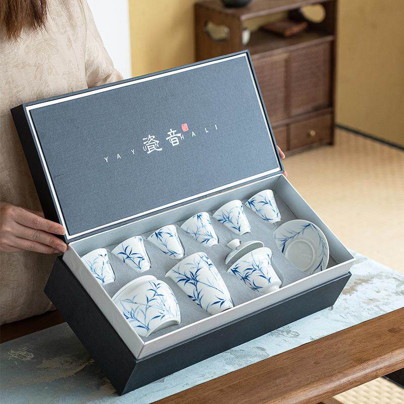甜白手绘兰竹 盖碗茶杯茶具套装 白瓷品茗杯家用送礼套组 竹影