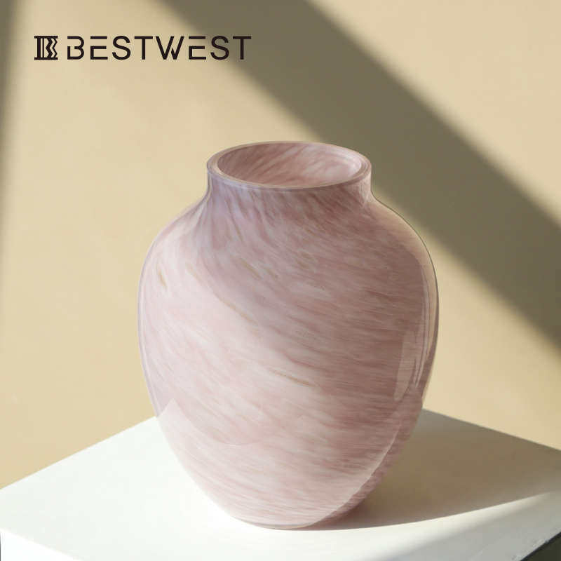 博西家居中古浅粉玻璃特别好看的花瓶摆件轻奢高档客厅水培插花瓶,家居饰品,花瓶,淘宝优惠券,粉丝福利购,淘宝优惠卷