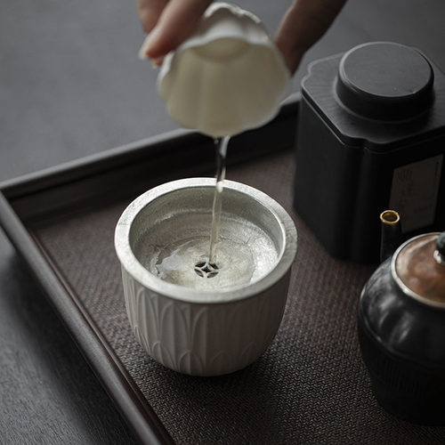 宜室茶话陶瓷小号建水带锡盖过滤茶渣缸桌面茶水桶水盂水洗废水桶