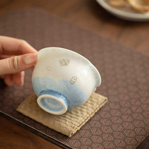 景德镇结晶釉窑变锔钉花口茶杯陶瓷茶具主人杯客杯品茗杯女生喝茶