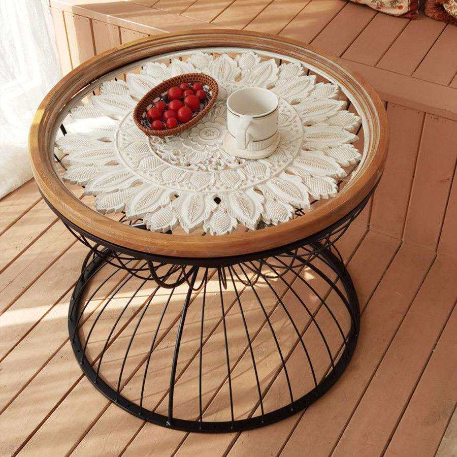 美式乡村客厅沙发边几角几实木雕花小茶几复古铁艺阳台小圆形桌子