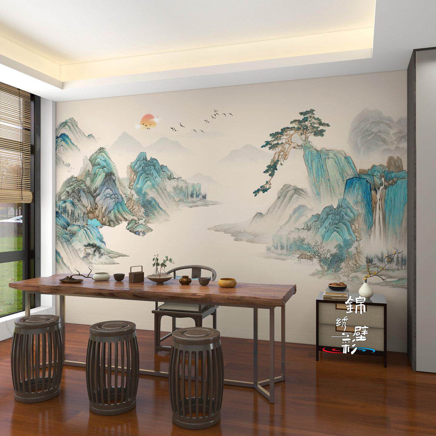 定制防撞板电视背景护墙集成板无缝碳晶板客厅新中式山水水墨国画