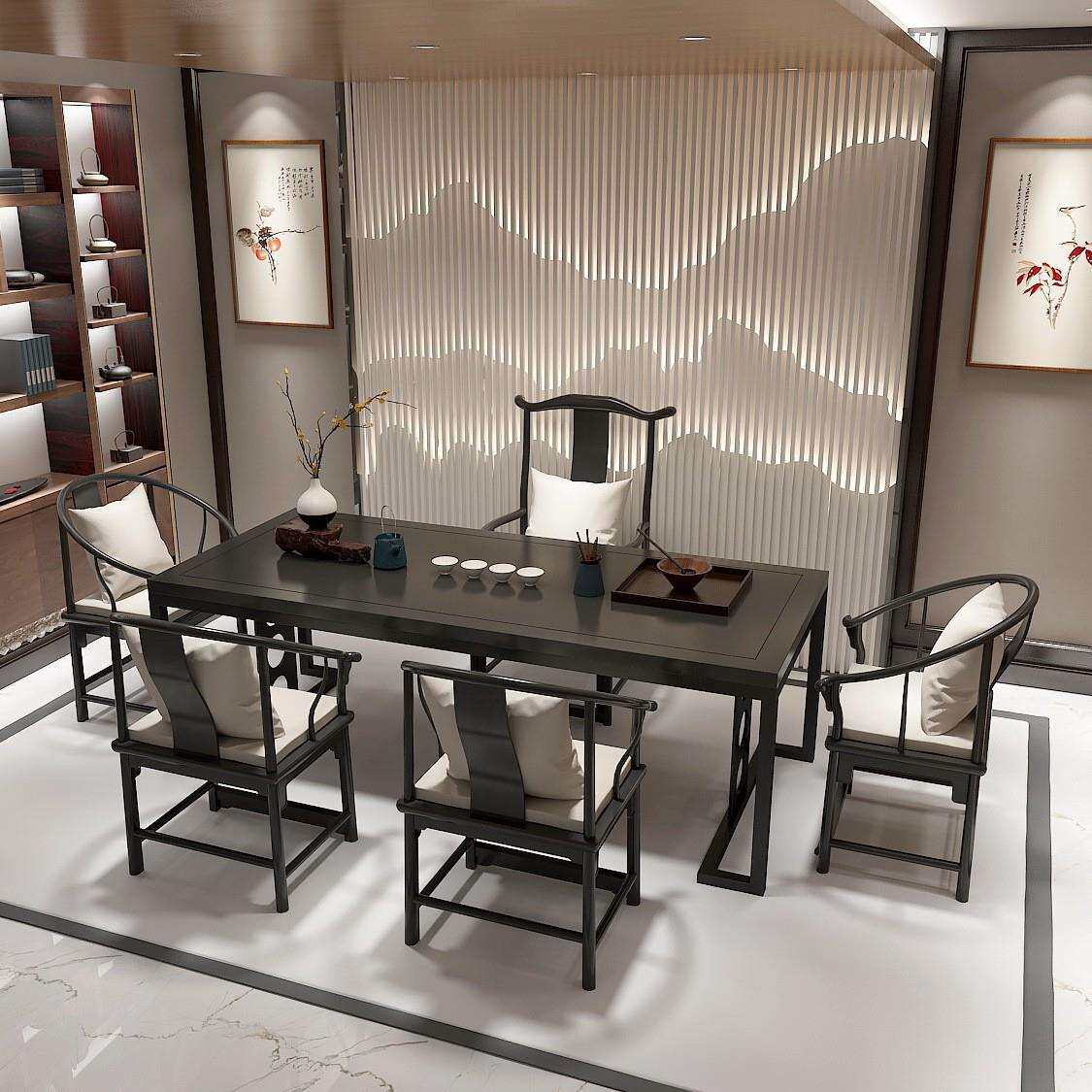 新中式实木茶桌椅组合民宿办公室书房黑色桌铁艺会客泡茶写字台桌