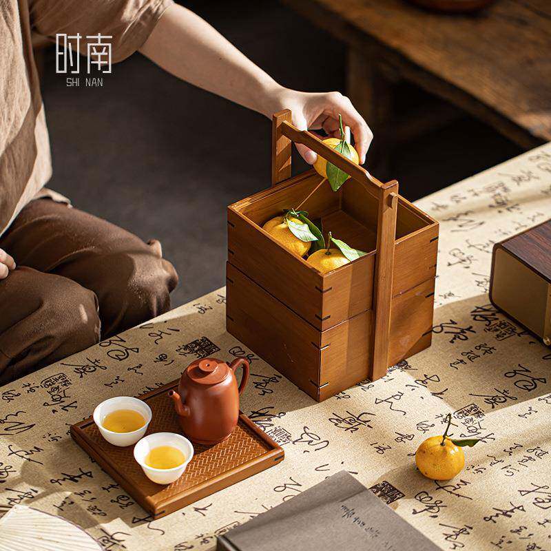 式中式竹编竹制食中盒风多层手古干果收纳盒提带盖茶室糕点点心盒