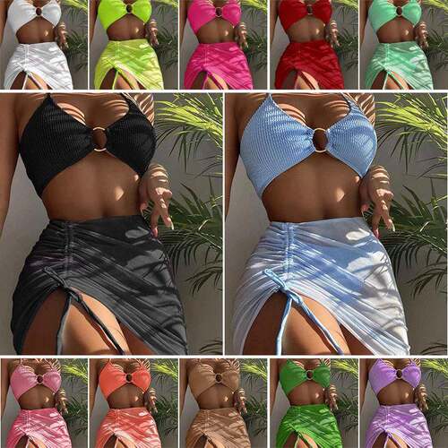 Womens Ring-Linked Halter Bikini Top Drawstring Skirt & High