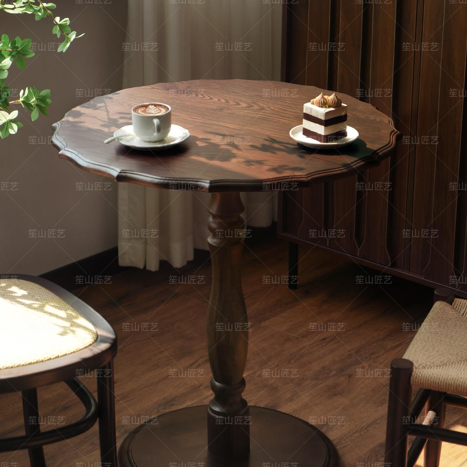 法式覆古实木圆形茶几休闲角几阳台咖啡厅奶茶店西餐厅桌餐桌茶几