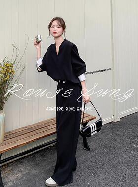 ROUJE SUNG设计感拼接卫衣套装女早春秋韩系休闲运动阔腿裤两件套