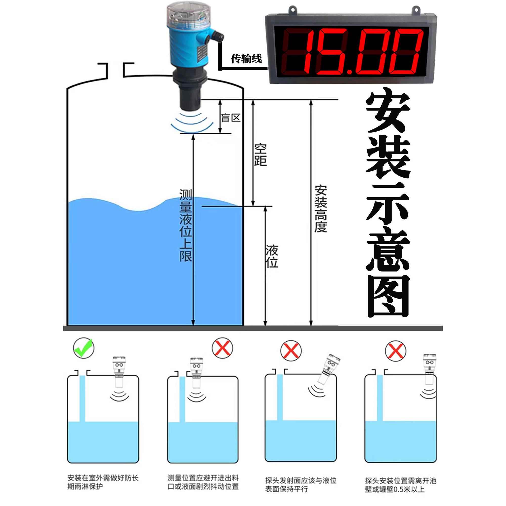 超声波液位计大屏幕数显物位料位水位仪感应电子水尺高底位报警器