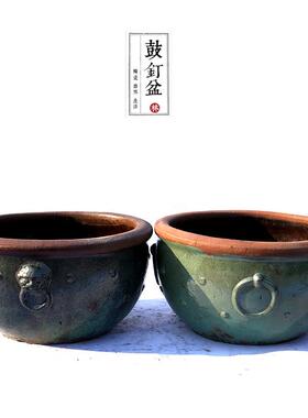 宜兴林峯陶瓷陶器陶瓷盆 鱼缸园林缸荷花盆园林摆件鼓钉盆