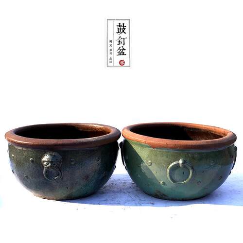 宜兴林峯陶瓷陶器陶瓷盆 鱼缸园林缸荷花盆园林摆件鼓钉盆