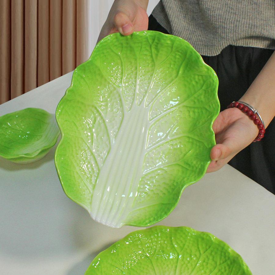白菜陶瓷盘子家用菜盘创意鱼盘饺子盘蒸鱼盘子椭圆形白菜形状盘子