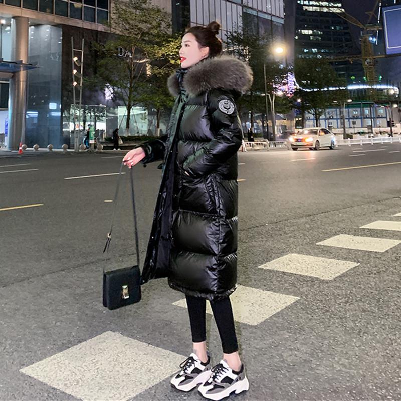 亮面羽绒服女中长款2025年新款冬季韩版加厚毛领过膝高端奢华鹅绒