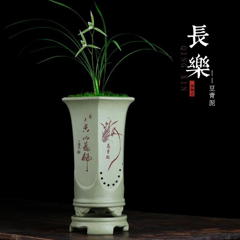 宜兴紫砂兰花盆精品高档手工六方紫砂兰花专用盆春兰室内古典带托