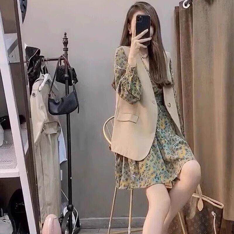 欧洲站春装新款搭配一整套小香风套装裙西装马甲碎花连衣裙两件套