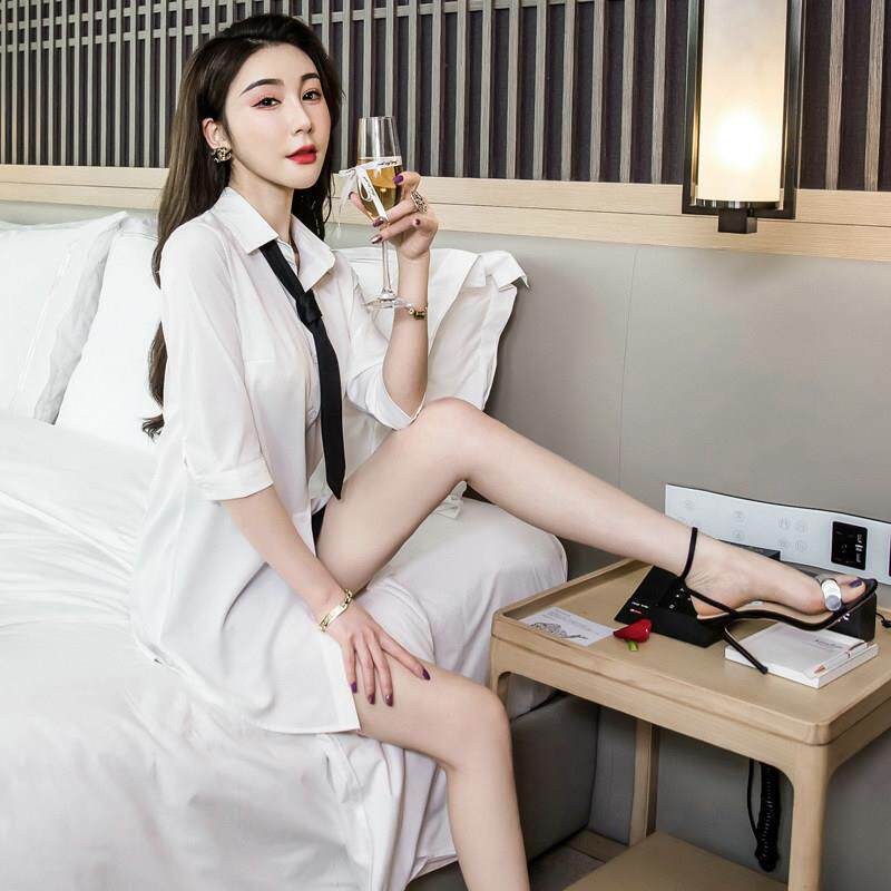 性感桑拿衬衫裙女中长版夜场洋装遮肚显瘦洗浴场足浴技师工作服
