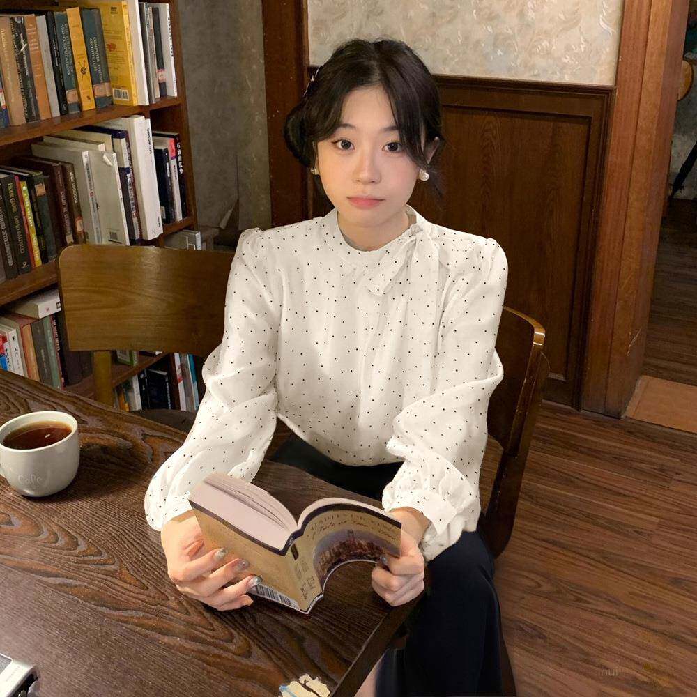 2025两件套法式甜美波点长袖衬衫女蝴蝶结侧绑带上衣+长裤套装女