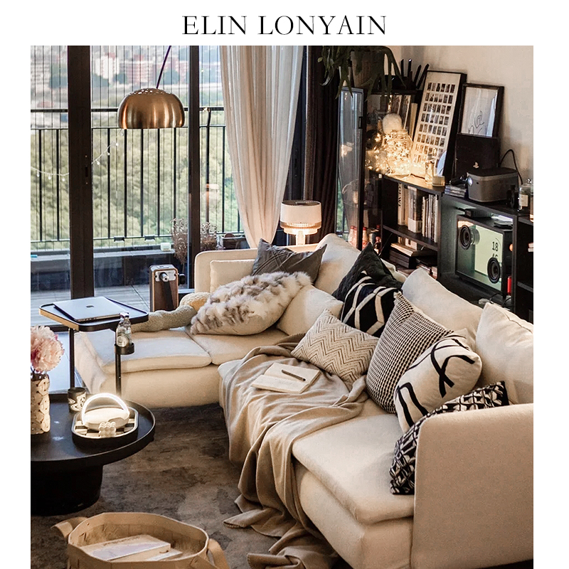 ELIN LONYAIN现代简约黑灰色系沙发样板房客厅皮质拼接皮草抱枕
