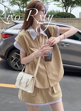 RIXO RXLY假两件拼接无袖翻领衬衫半身裙两件套女春夏季工装套装