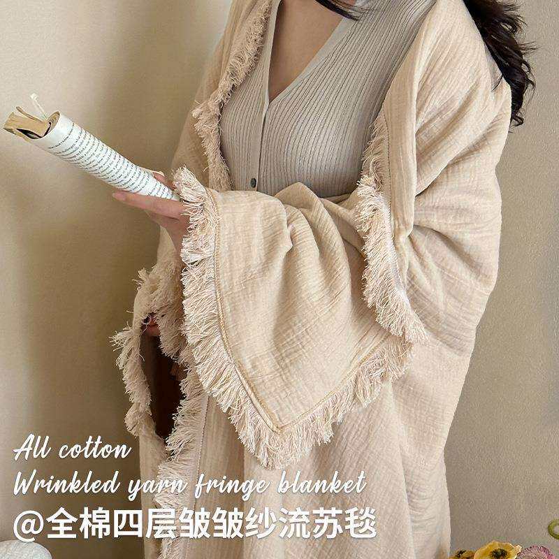 a类全棉毛毯四层纱布流苏披肩沙发纯棉盖毯床尾巾午睡毯子床上用