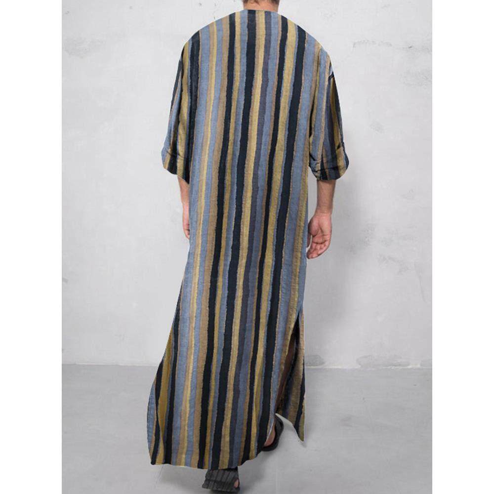 Button Stripes Print Shirt Men Muslim Robes 男士条纹长袍衬衫