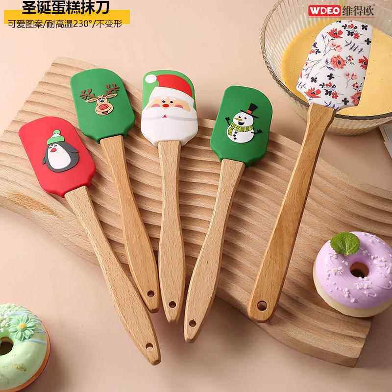 创意圣诞木柄硅胶刮刀 滴胶万圣节图案奶油抹刀 烘焙甜品蛋糕刮刀