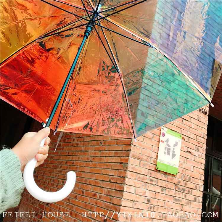 正品ins抖创意幻彩镭射透雨伞自动晴音红雨伞网长柄伞森系彩虹明