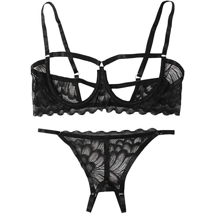Womens sexy lace hollow underwear set underwire bra and