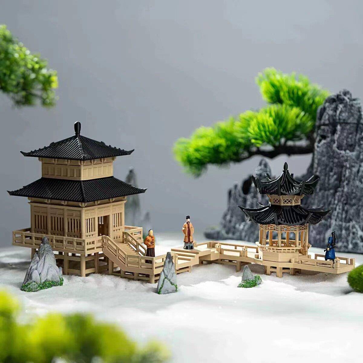 带灯八角阁楼凉亭微景观造景小摆件微景观鱼缸造景中式古建筑模型