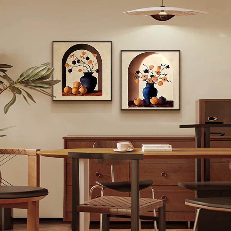 拱形中古HXM硕果风花卉复餐装饰画静美厅式古油画物橘色水果花瓶
